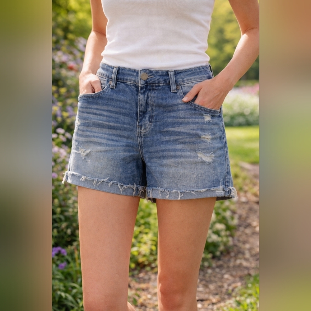Casual Mid-Rise Blue Distressed Denim Shorts